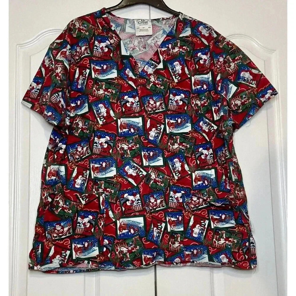 Crest Cottons Christmas Santa‎ Reindeer Short Sleeve Scrub Top Women's XL - Picture 1 of 7